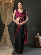 Women's Aura Silk Black Woven Design Designer Saree With Blouse Piece